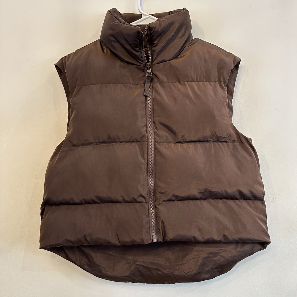Women's Fashion Nova Brown Puffer Vest Large Zip‎ Runs Small See Measurements